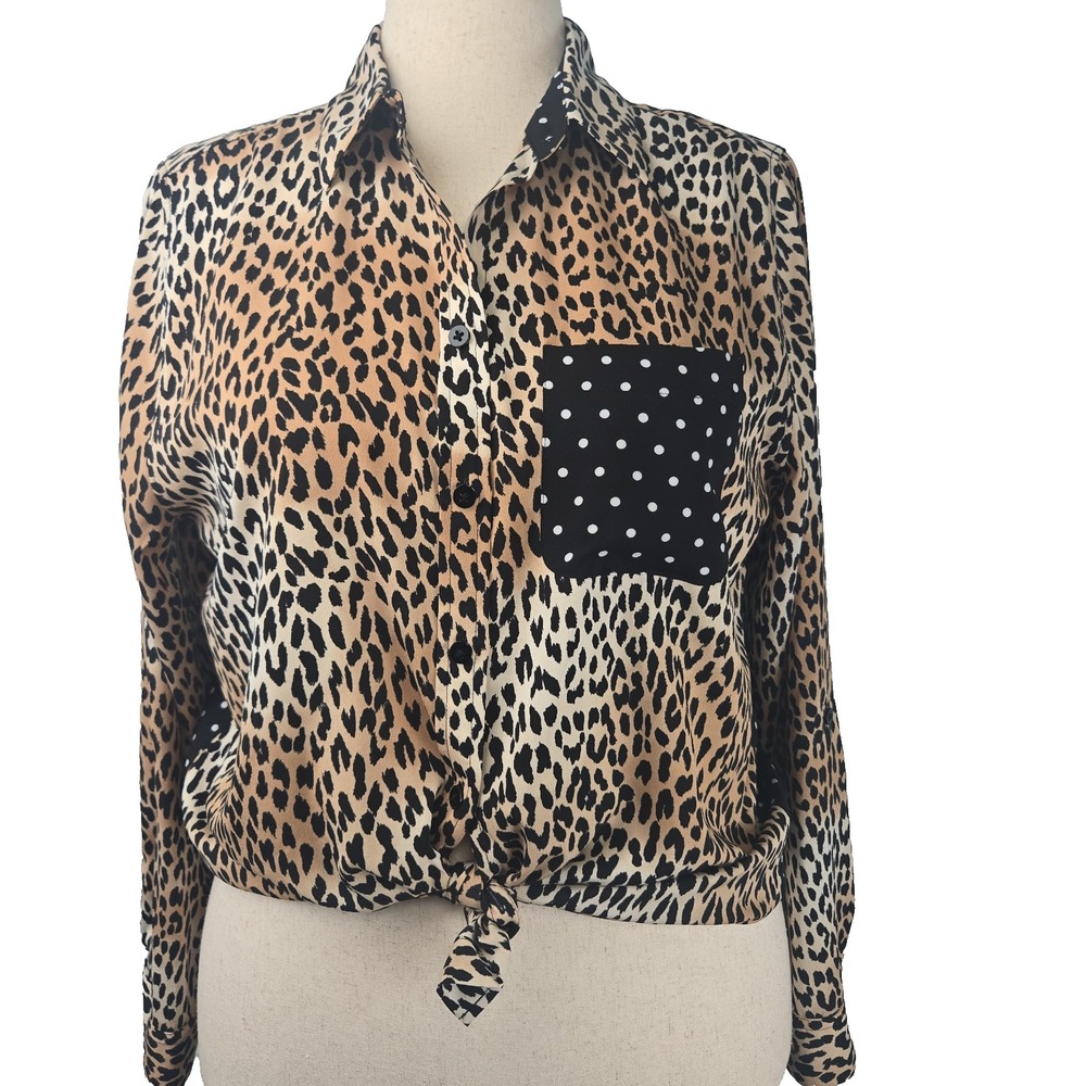 Chico's Size 2 Button-Up Animal Print/Polka Dot Contrast Long Tab-Sleeve Top